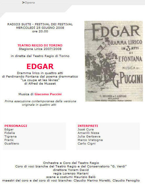 Edgar in 4 Acts starring Jos Cura - Turin 2008 DVD 2009 Bologna 2010